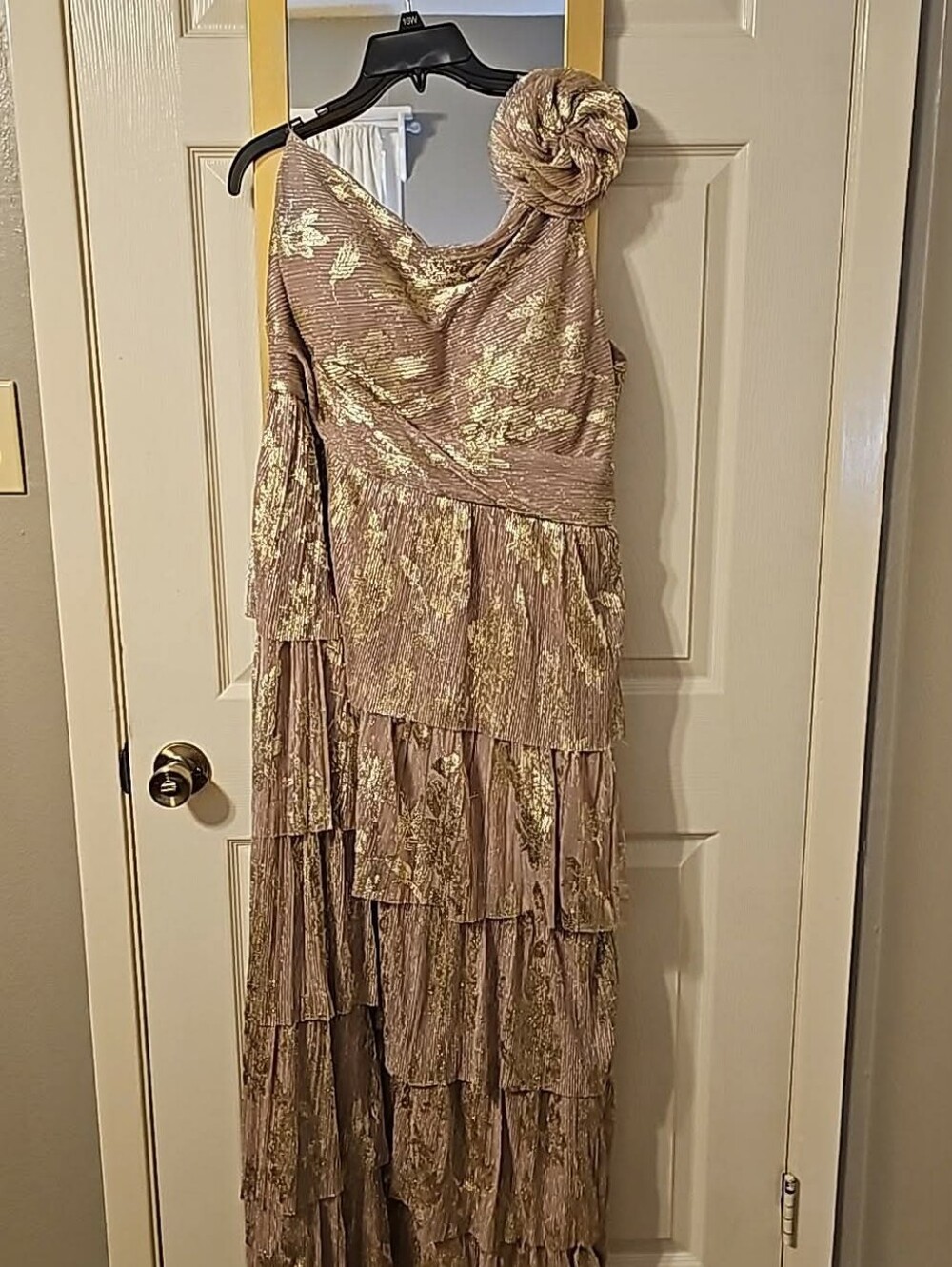 R&M Richards Taupe and Gold One-Shoulder Tiered Evening Gown - Picture 3 of 4